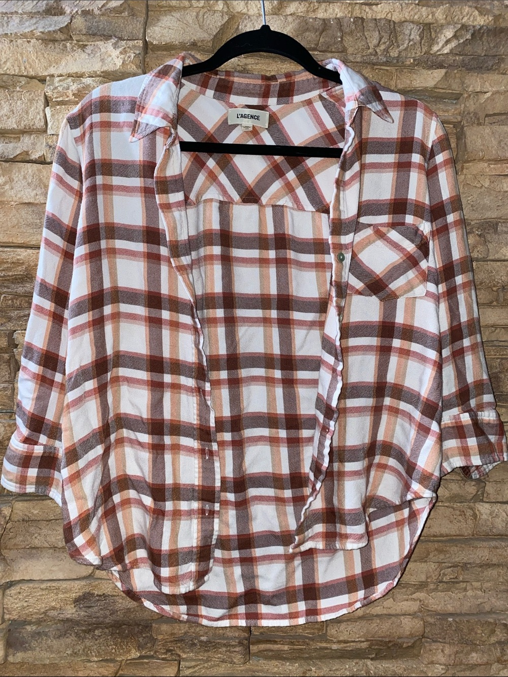 L’Agence Rust and White Plaid Button-Down Shirt Size M